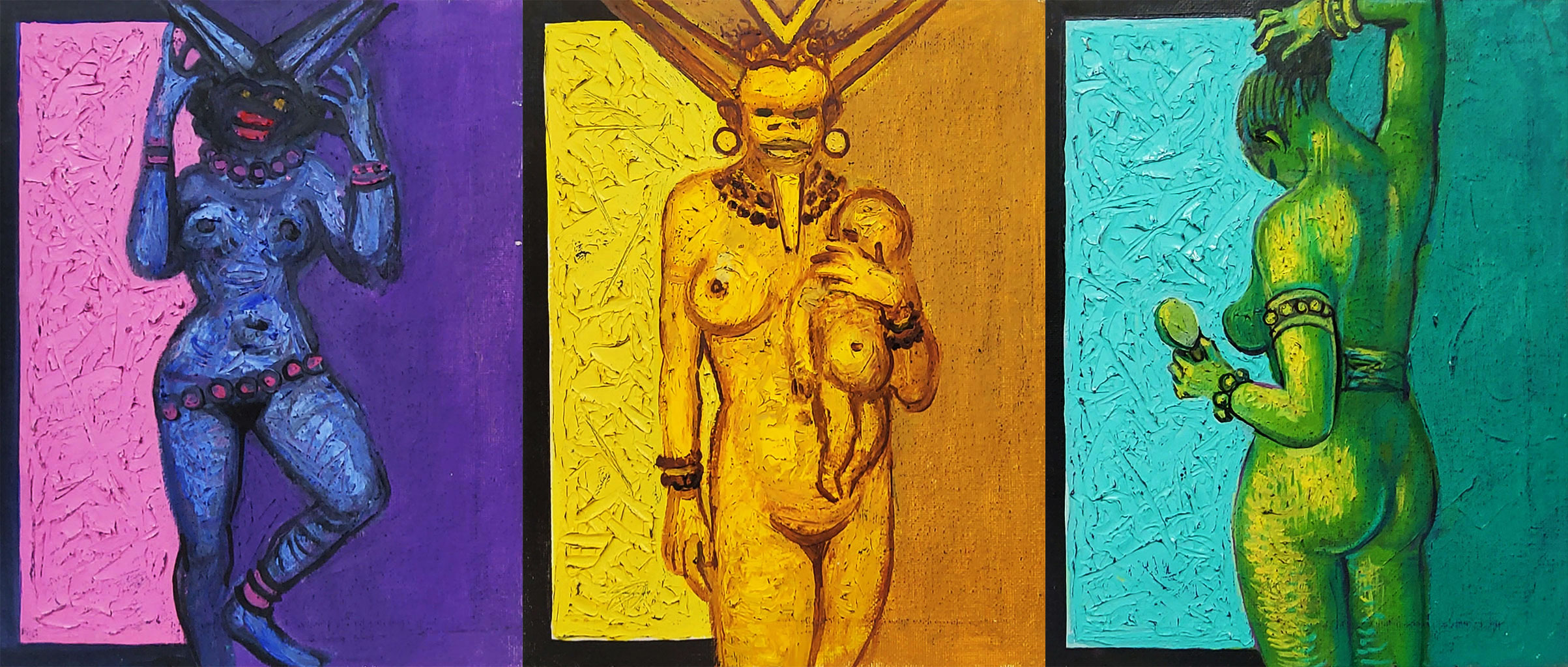 BEASTS AND ANGELS, TRIBAL BEASTS, oil on canvas, 30 x 20 cm each